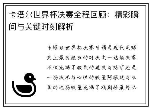 卡塔尔世界杯决赛全程回顾：精彩瞬间与关键时刻解析