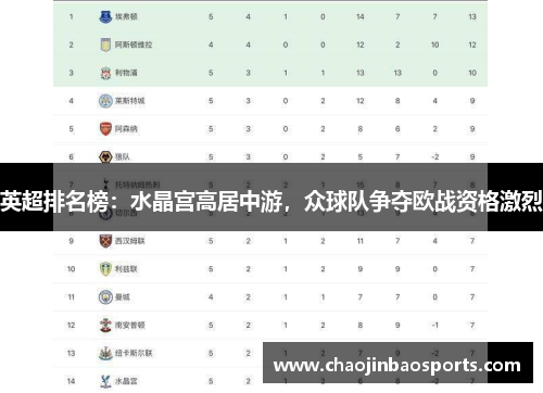 英超排名榜：水晶宫高居中游，众球队争夺欧战资格激烈