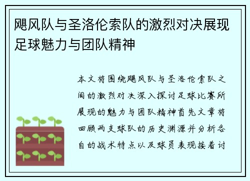 飓风队与圣洛伦索队的激烈对决展现足球魅力与团队精神